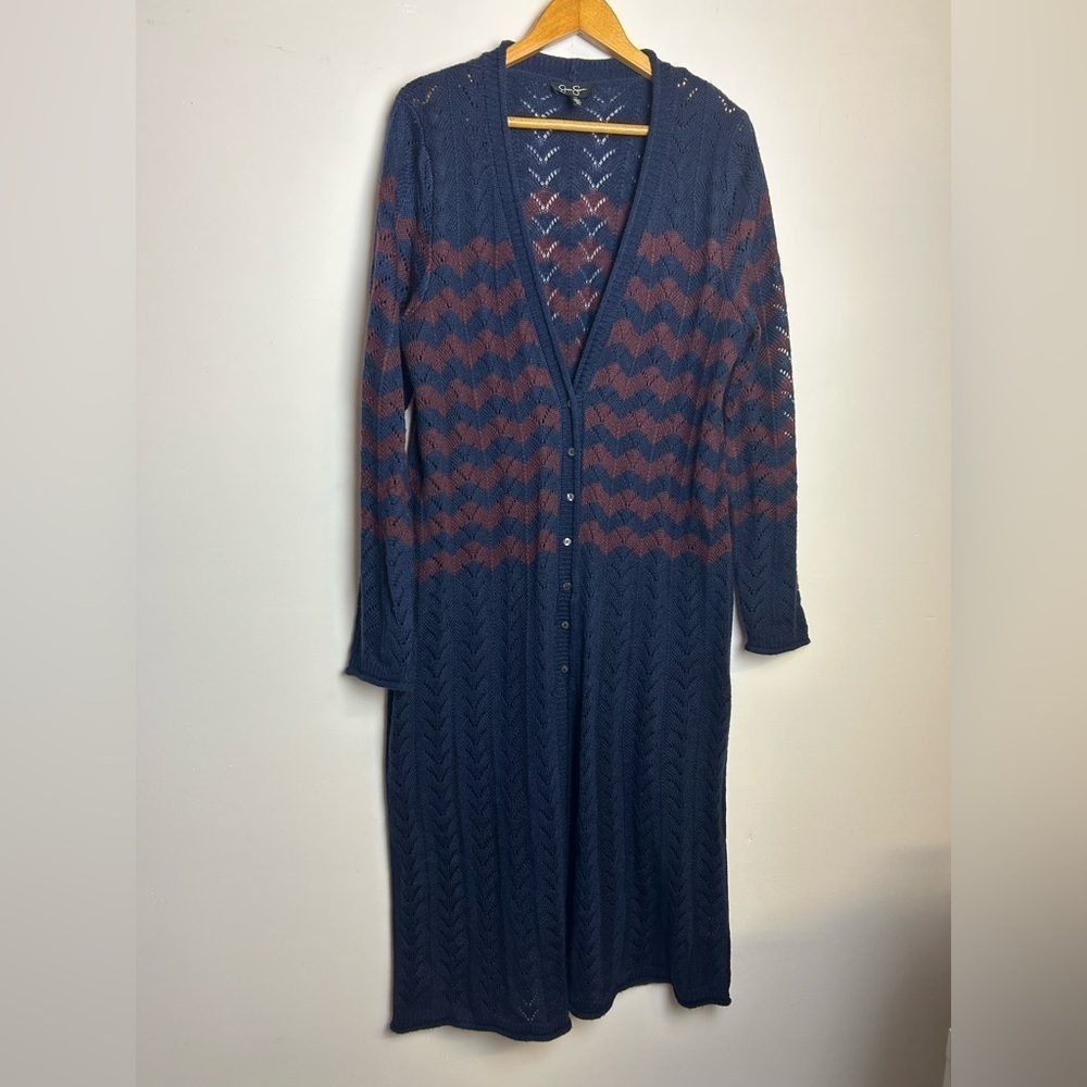 Jessica Simpson Open Cardigan Sweater Wool Blend Herringbone Knit Longline